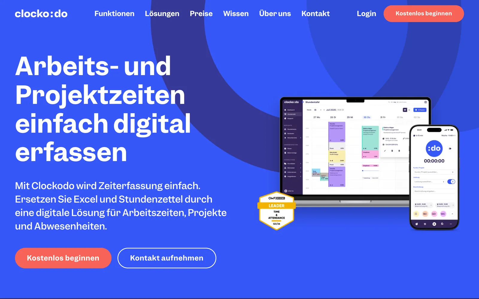 Screenshot der Startseite von clockodo.com, aufgenommen im August 2026